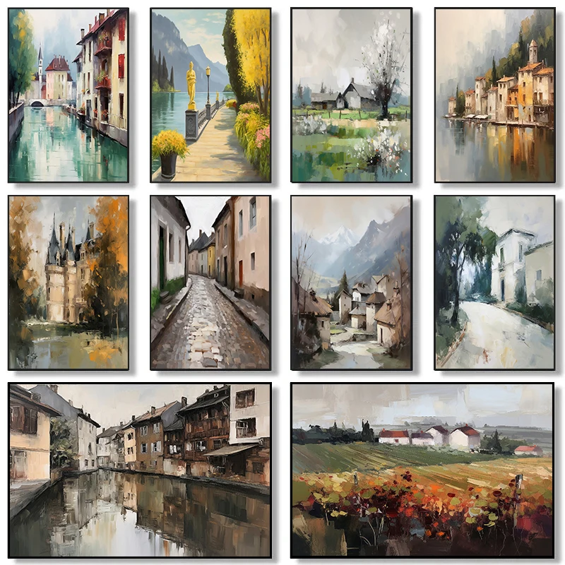 1pc frameless Canvas Painting Vintage Rural House Old Building Field Street Garden Oil Painting Landscape Poster Canvas Painting