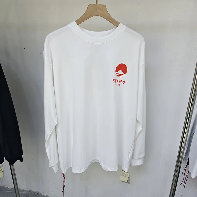 

Real Photos Tokyo Streetwear Beams Long Sleeve Cotton Weaving Red Rope Wolf Dog Silhouette Letter Logo Couple Tshirts Men Women