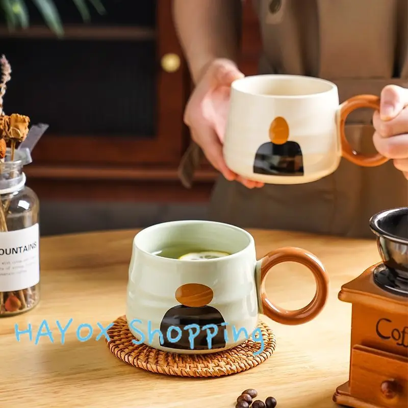 Retro Artistic Graffiti Ceramic Coffee Mug with Round Handle，Morandi Office WaterCups Breakfast Milk Cup，Gift Mugs  Kitchenware