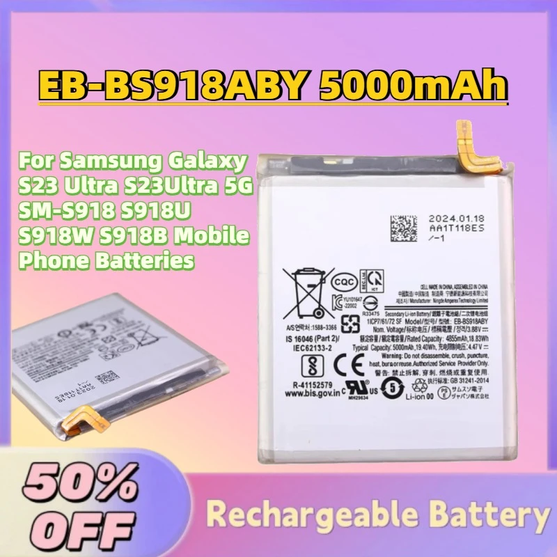 

New EB-BS918ABY 5000mAh 3.8V Battery for Samsung Galaxy S23 Ultra S23Ultra 5G SM-S918 S918U S918W S918B Mobile Phone Batteries
