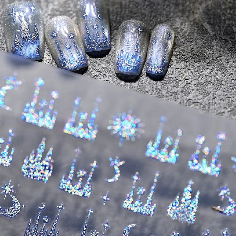 

Embossed Nail Stickers Colorful Starry Sky Moon Castle Nail Decoration Decals Diy Self Adhesive Transfer Slider