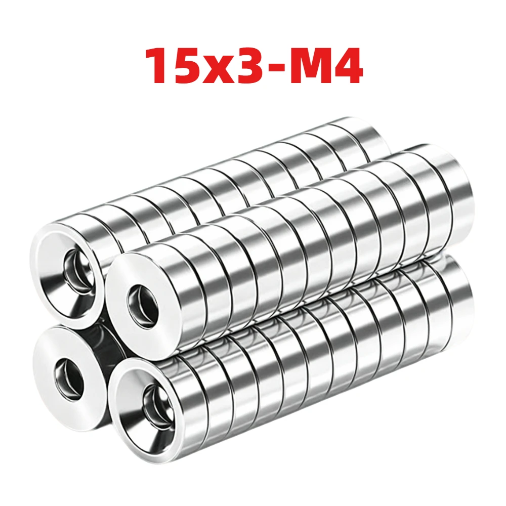 15x3mm Countersunk Round Disc Magnets with 4mm Hole, Multipurpose Flat Magnetic Pieces for Refrigerator Decoration, Office