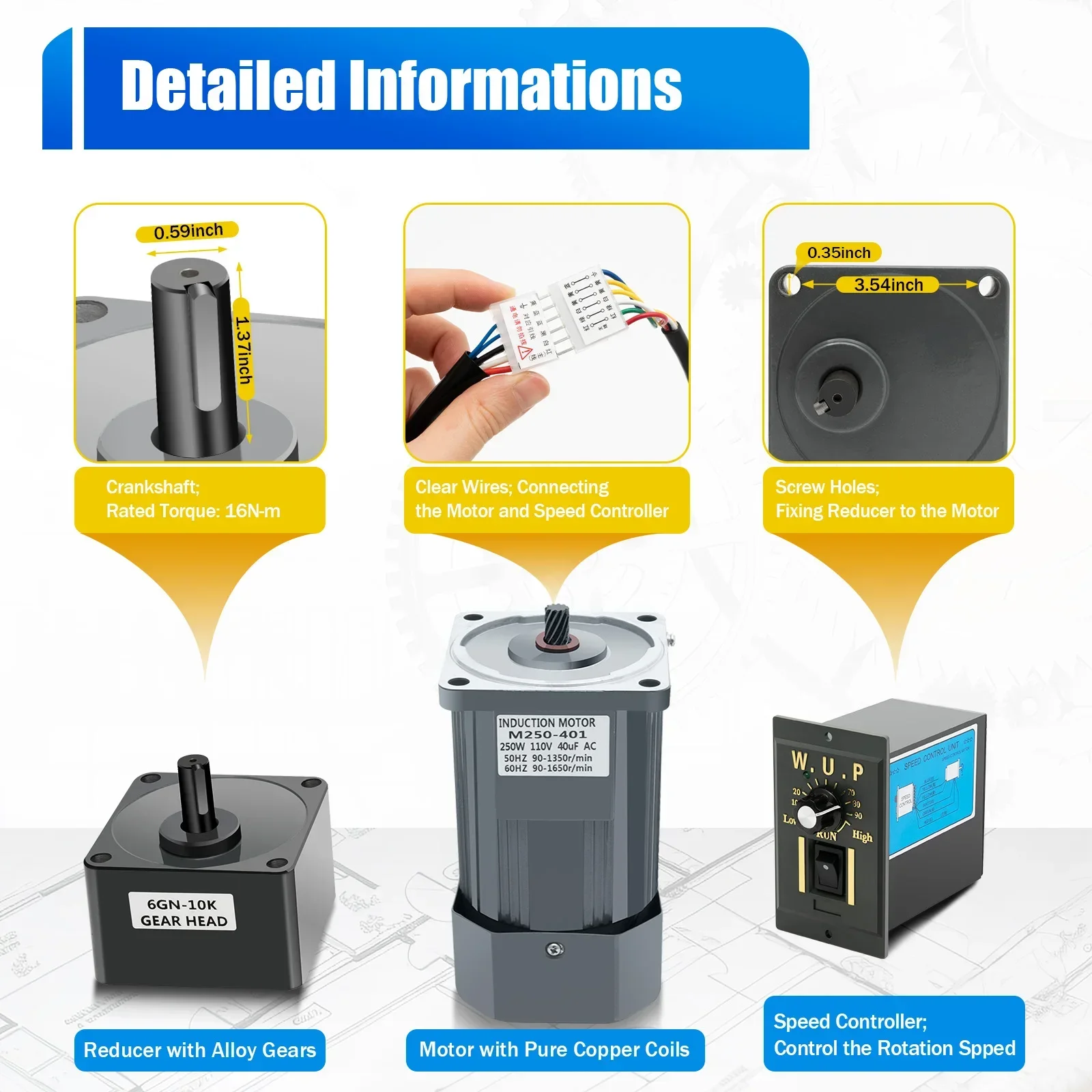 มอเตอร์ควบคุมความเร็ว 250W 10K+ตัวควบคุมความเร็ว, มอเตอร์ลดเกียร์ 110V AC, ระบบควบคุมความเร็วแบบปรับได้แบบไฟฟ้า