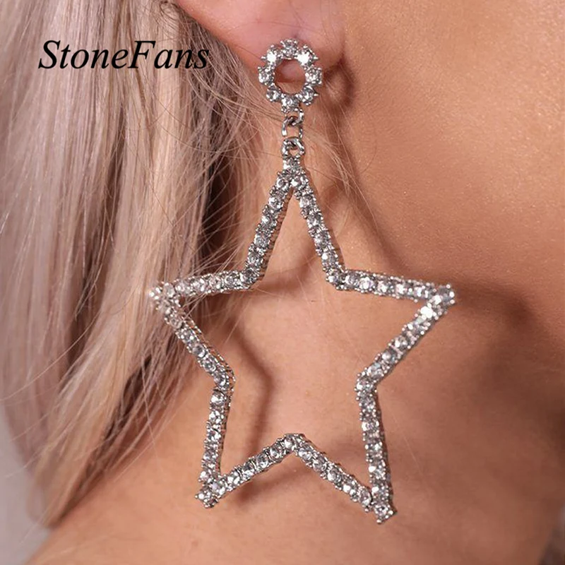 Stonefans 1 Pair Dangling Big Star Earrings Vintage 2022 Trend Luxury For Women Piercing Pendant Statement Crystal Loop Earrings