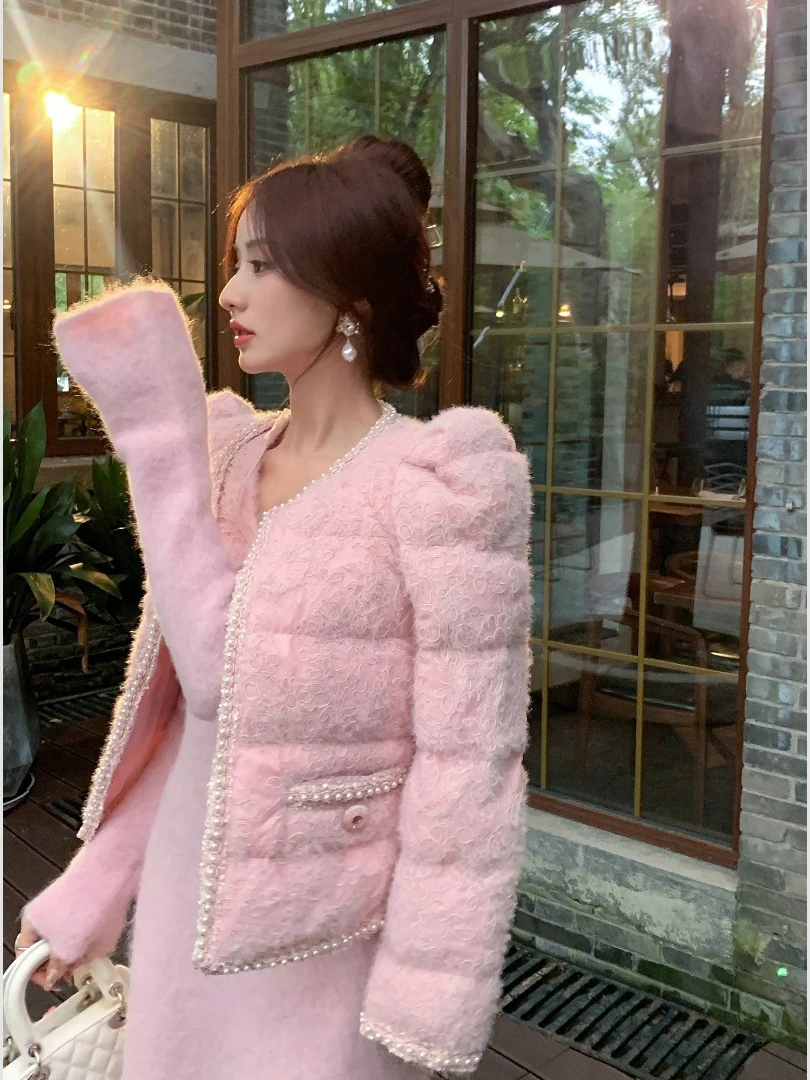 

ort Lace down Jaet for Women Sweet Sle Slim Fit Batwing Sve Polyester Fabric White Du down Filling Regular Length