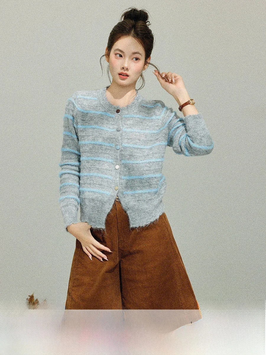 

Женский полосатый вязаный кардиган Linyunyun с длинным рукавом и круглым вырезом, мягкий, повседневный, осенняя новинка, модный стиль Aosphere