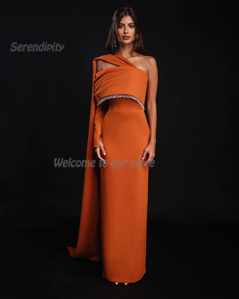 Serendipity Trumpet Saudi Arabia Evening Dress Floor-Length One-Shoulder Crystal Orange Cocktail Prom Gown For Slim Sexy Women