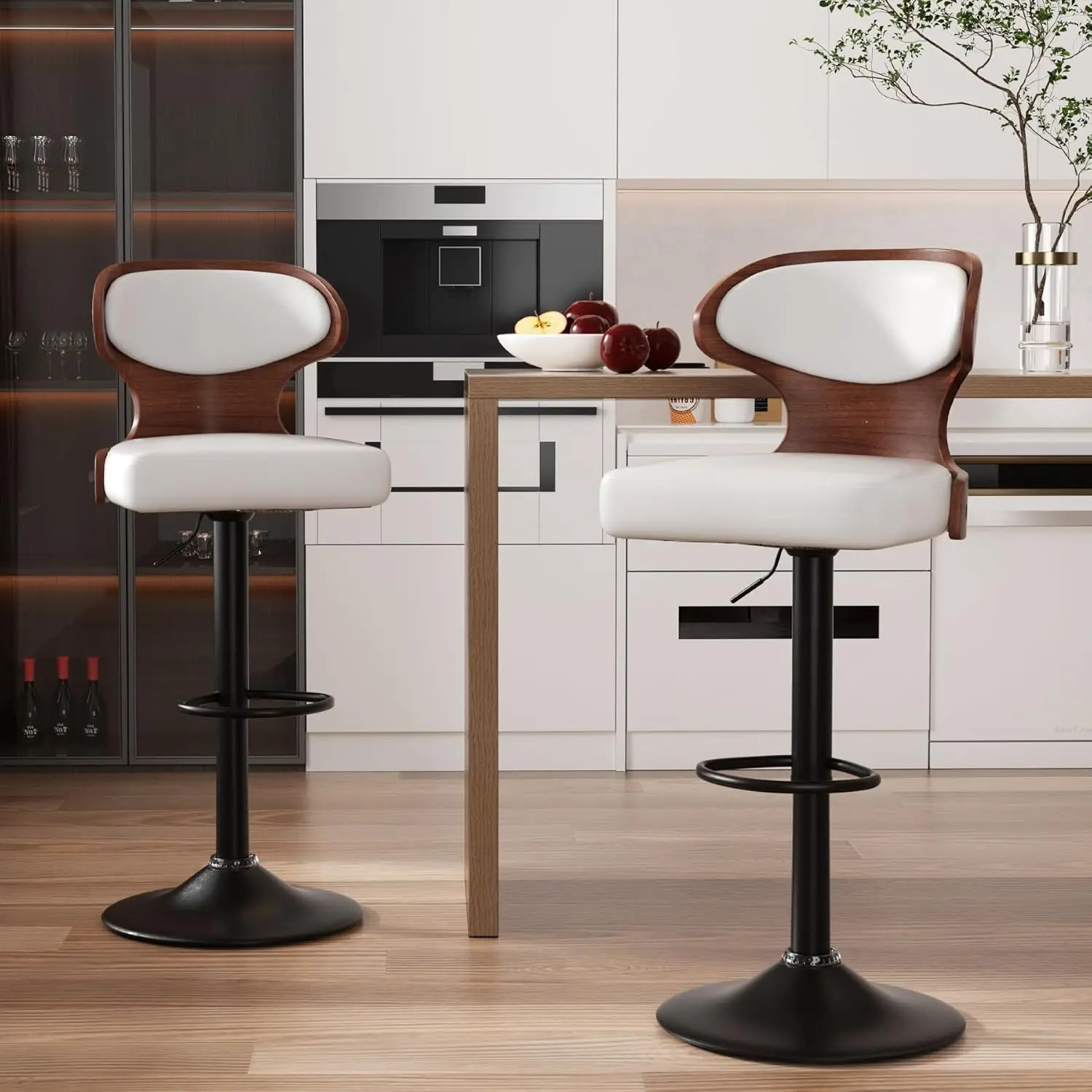 Bar Stools Set of 2 Seat Adjustable Height 24.5-33.5IN - Bentwood Swivel Barstools with Back & Footrest - PU Leather