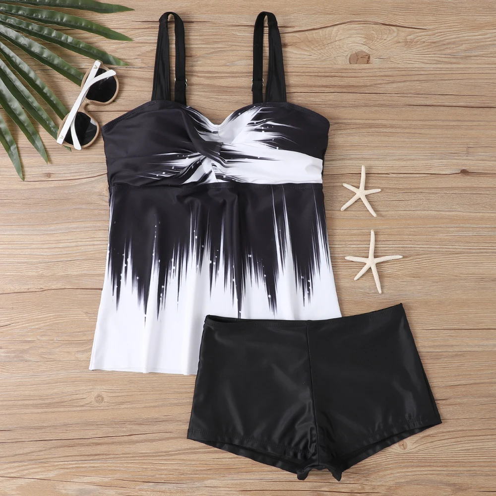 

Floral Print Patchwork Black 2 Piece Set Tankini, Round Neck High Waist Stretchy Swimsuits, Women's Summer Bikini Beachwear