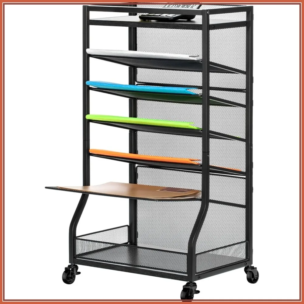 

7 Tier Rolling File Cart with Sliding Trays,Wood Metal File Organizer Beside Desk,Free-Standing File Holder for Home Office