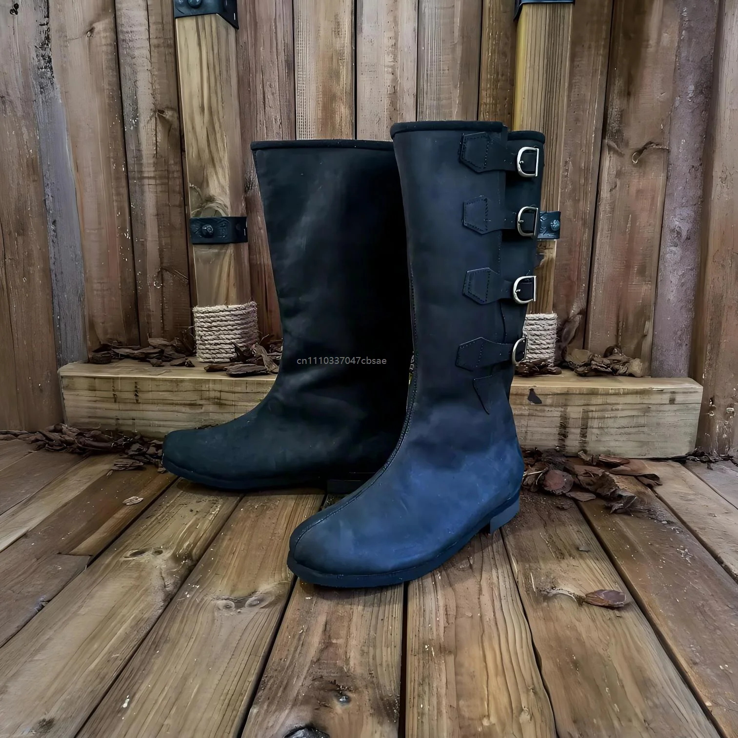 Unisex Medieval Pirate Knight Cosplay Tall Shoes Distressed Flat Pu Leather Carnival Boots Black Four Buckle Knee High Boot 2026 3