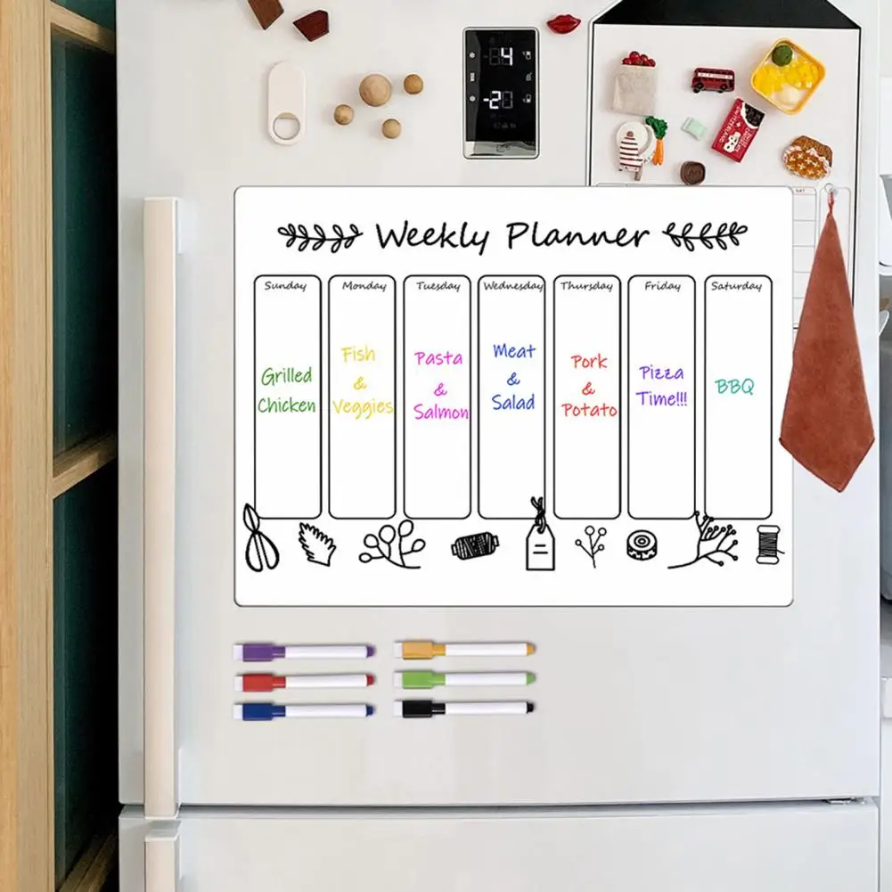 9Pcs/Set Weekly Planner Dry-Erase Message Board with Magnetic Whiteboard & Writing Pen Erasable Monthly Planner Fridge Magnet