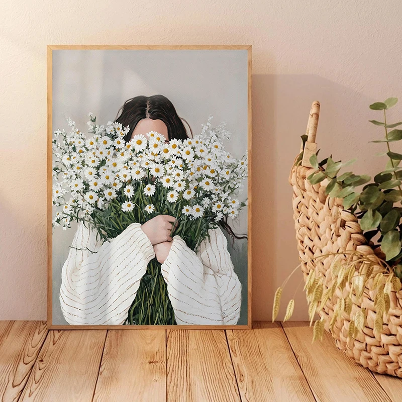 مجردة امرأة بساطتها المشارك قماش جدار الفن امرأة مع زهرة صورة اللوحة طباعة لغرفة النوم الشمال فتاة ديكور المنزل
