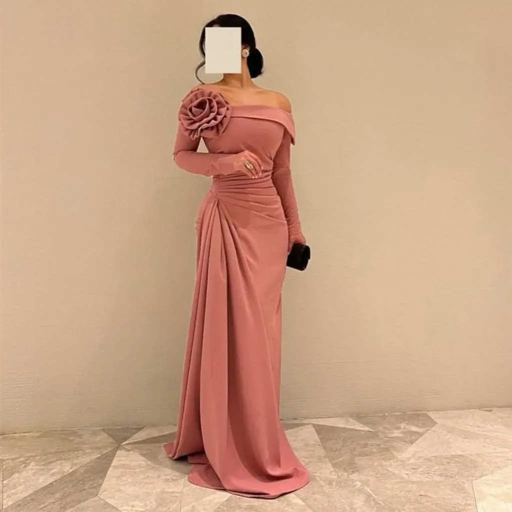 Mulheres Elegante Manga Longa Rosa Crepe Festa Vestidos De Noite, Feitos À Mão, Bainha Flor, Até O Chão Vestido De Baile