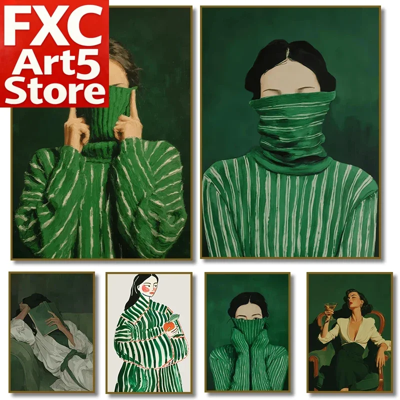 1 Stück Rahmenloses Smaragdgrünes Frauenporträt mit Streifenmuster, Kunstposter auf Leinwand, Stimmungsvoller Minimalistischer Raumdekoration-Druck