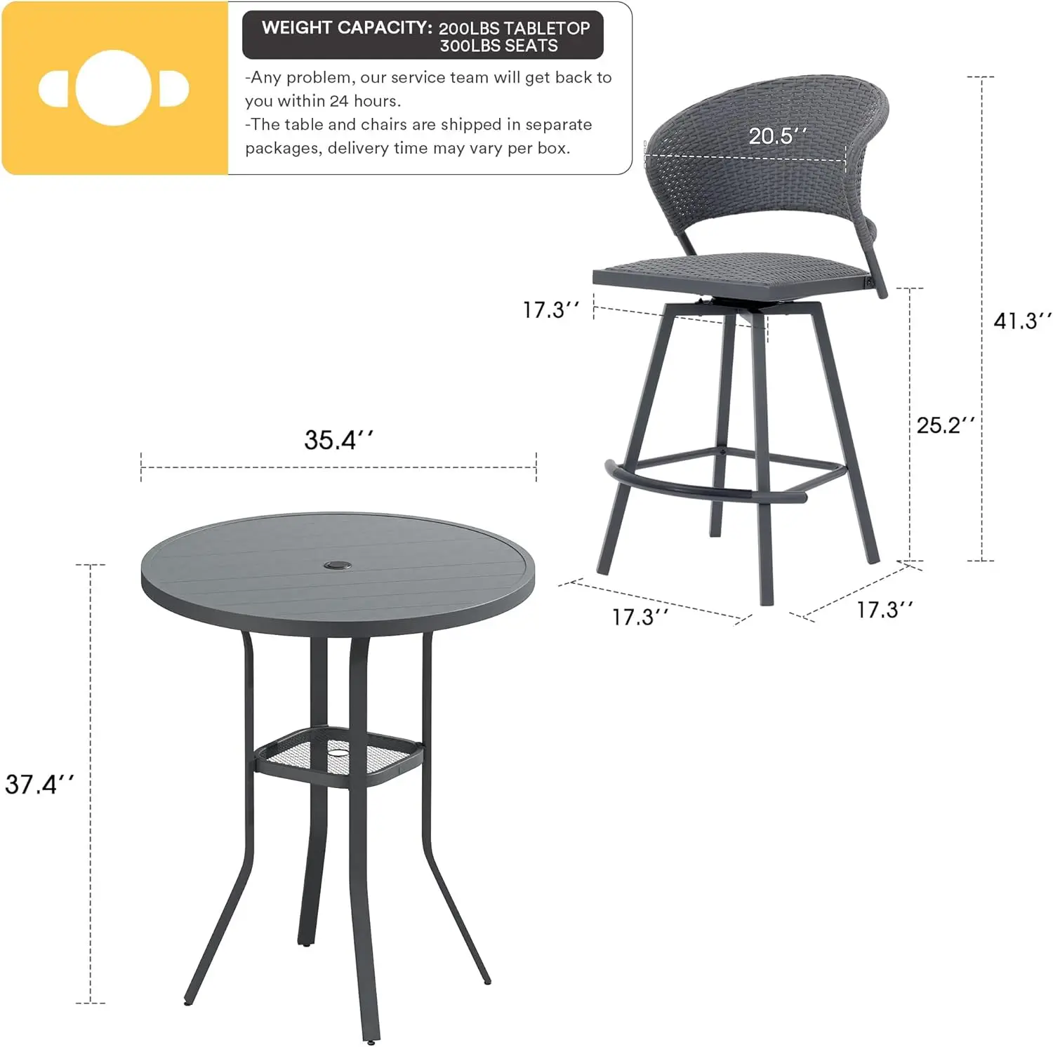 Patio Bar Set for Lawn Garden, Bar Height Metal Round Table and  Wicker Outdoor Swivel Outdoor Bar Stools, Table and Chairs