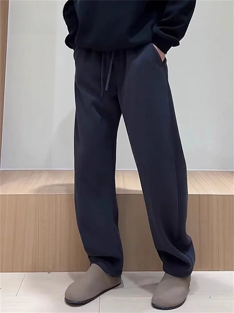 High-End Men's Casual Pants Winter Thickened Fleece Loose Fit Straight Leg Sporty Trousers Urban Fashion Polyester Blend