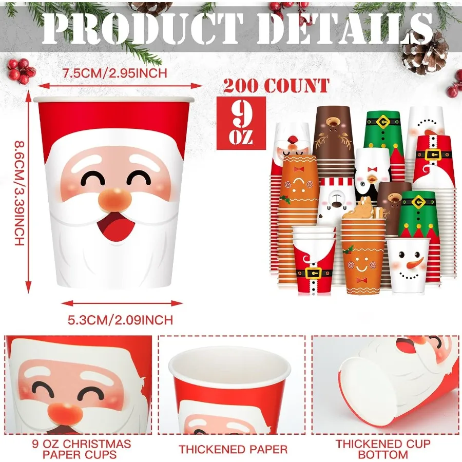 200 Pcs Christmas 9 oz Paper Cups Disposable Coffee Cups Santa Snowman Elk Disposable Hot Cups Xmas Party Drinkware Supplies fo