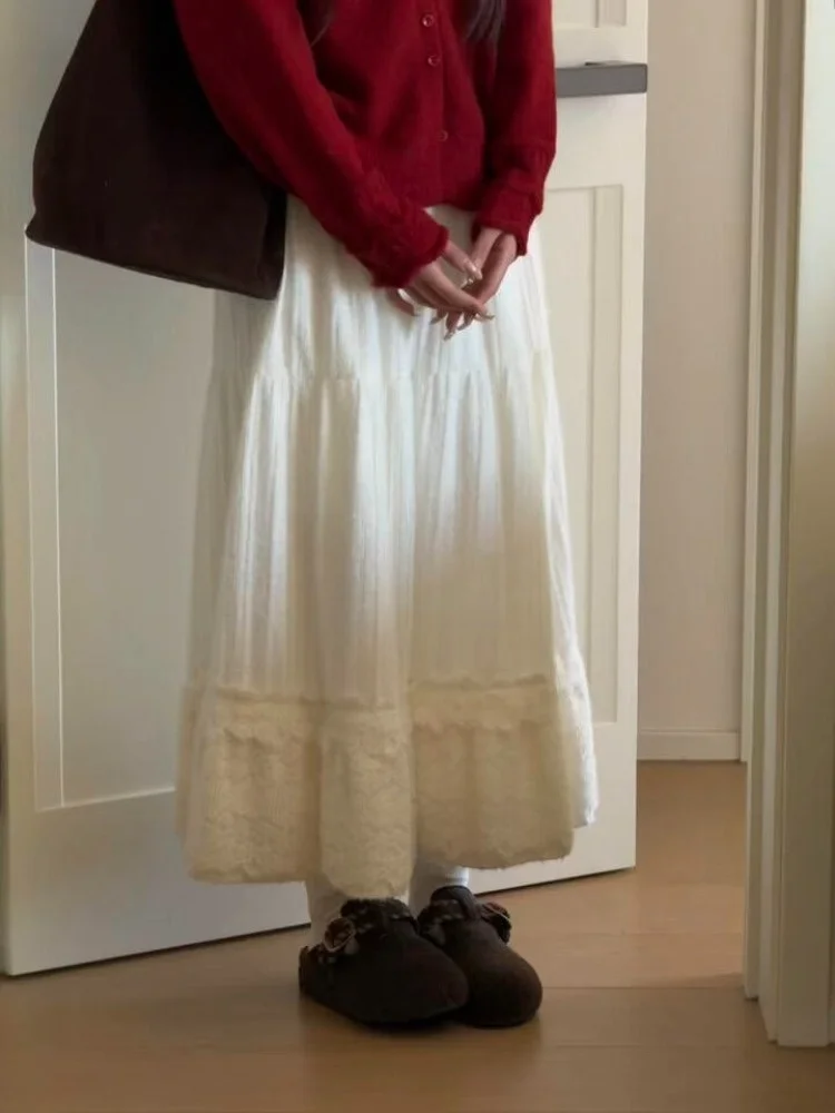 

Белая вязаная юбка А-силуэта с кружевными вставками, женская, с высокой талией, весенняя, мягкая, удобная, из полиэстера, многоярусная