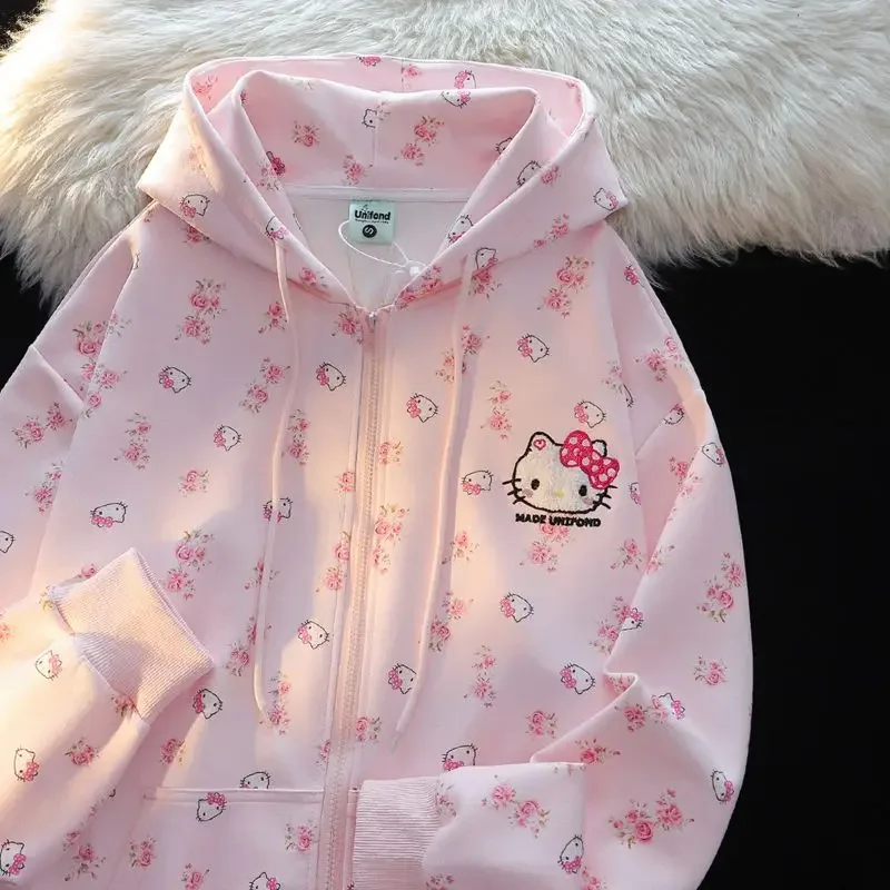 Sanrio Hello Kitty 100% ciężka bawełna 2024 Wiosna Jesień Nowy Kitty Kwiatowy luźny kardigan Cienki sweter z kapturem Kobieta