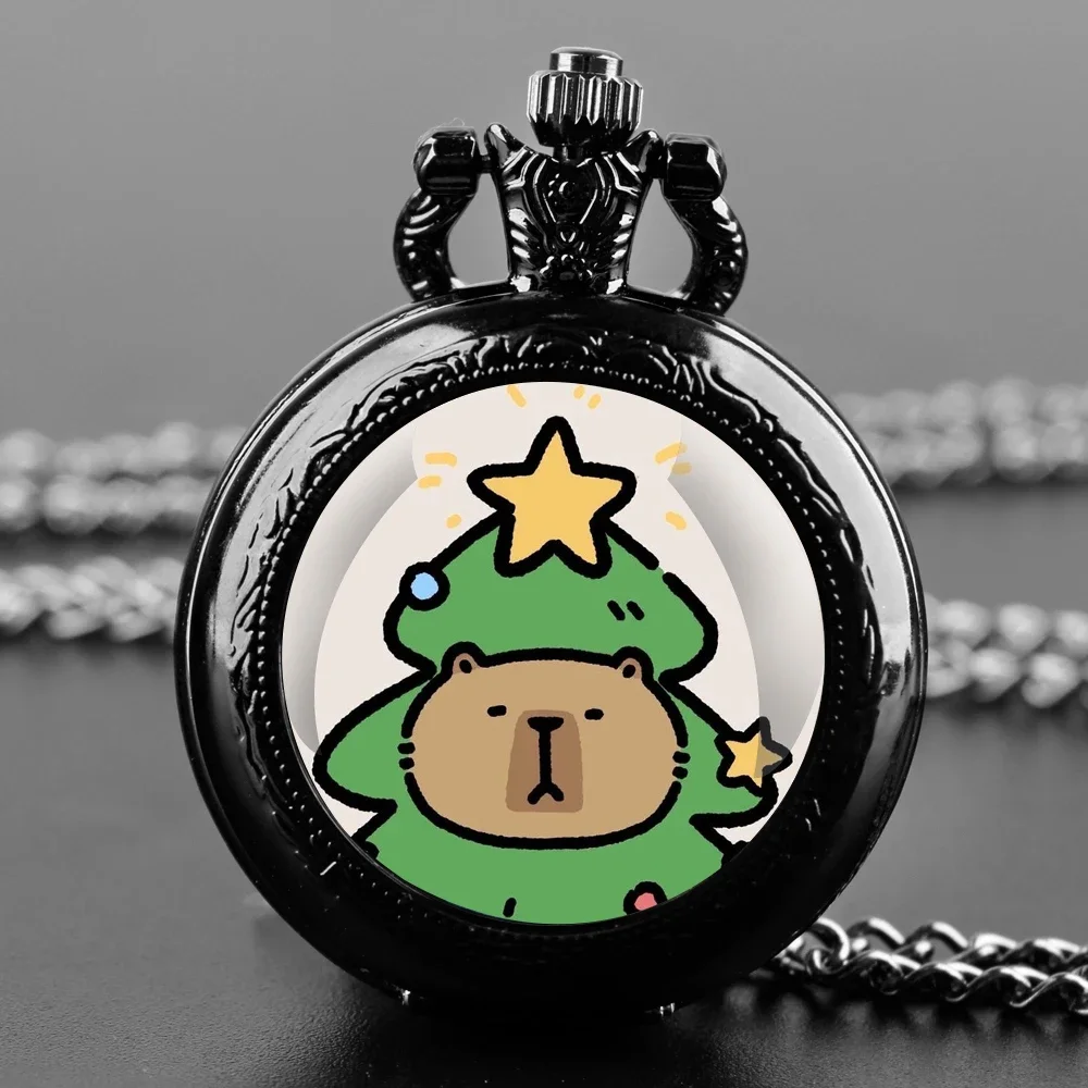 Cartoon Lovely Capybara Glass Dome Pocket Watch with Chain Necklace Vintage Quartz Pendant Watches Christmas Gifts Mens Kids