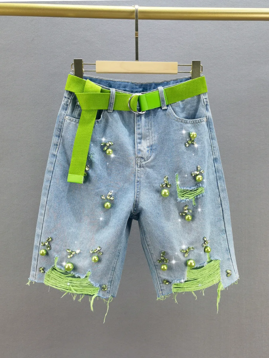 

High Waist Loose Fit Diamond Embellished Denim Shorts Women's Summer New Style Green Handmade Beaded Five-Quarter Pants