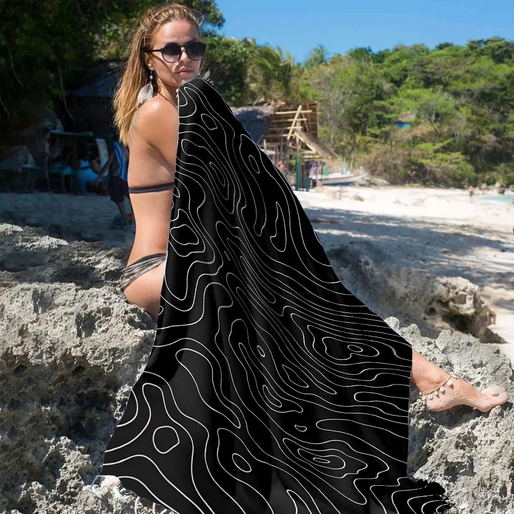 Black Contour Map Beach Towel Cartoon Quick Dry Microfiber Bath Towel for Swimming Surfing Camping Unisex Holiday