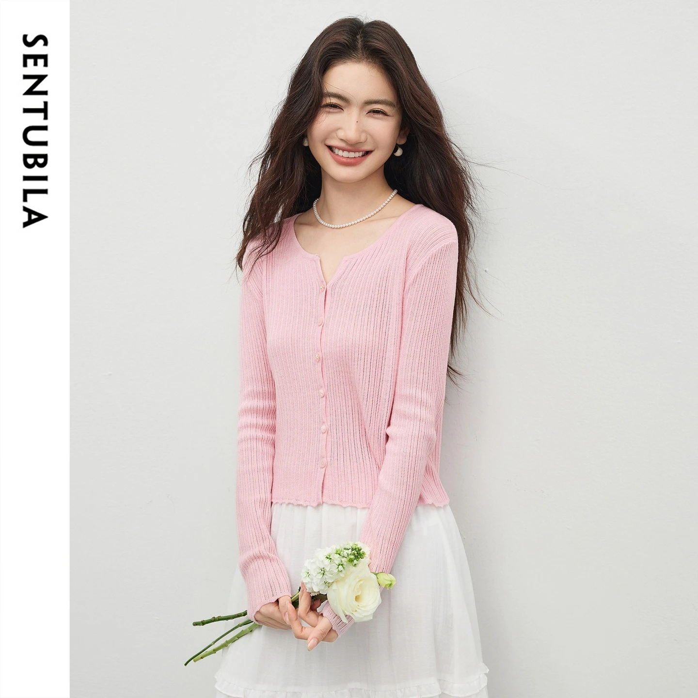 

SENTUBILA Women's Hollow Knitted Cardigan 2026 Spring Long Sleeve Knit Tops for Woman Wool Blend Slim Fit Knitwear W61HE6033