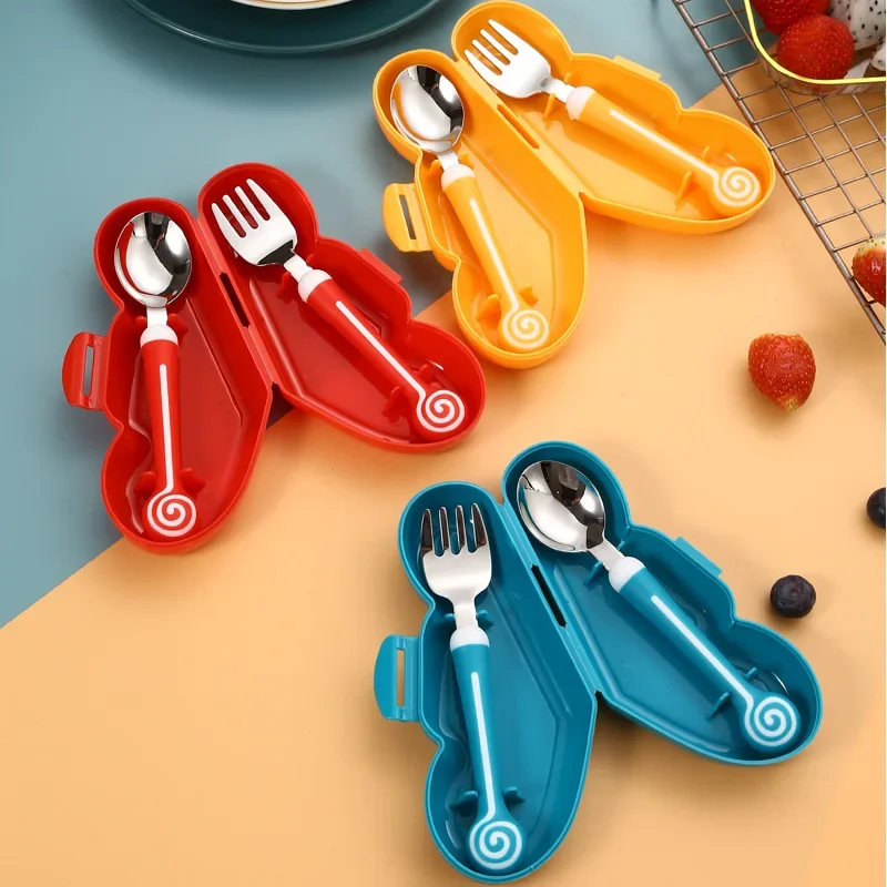 Children Utensil Cute Circle Cutlery Gadget Baby Tableware Set Food Feeding Spoon Fork Stainless Steel Infant Toddler Dinnerware