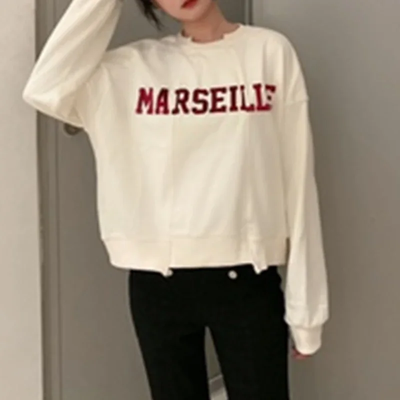 Women Korean Kawaii Patchwork Chic Short Sweatshirts Tops Casual Loose Vintage Letter Print Round Neck Pullover Female Ulzzang