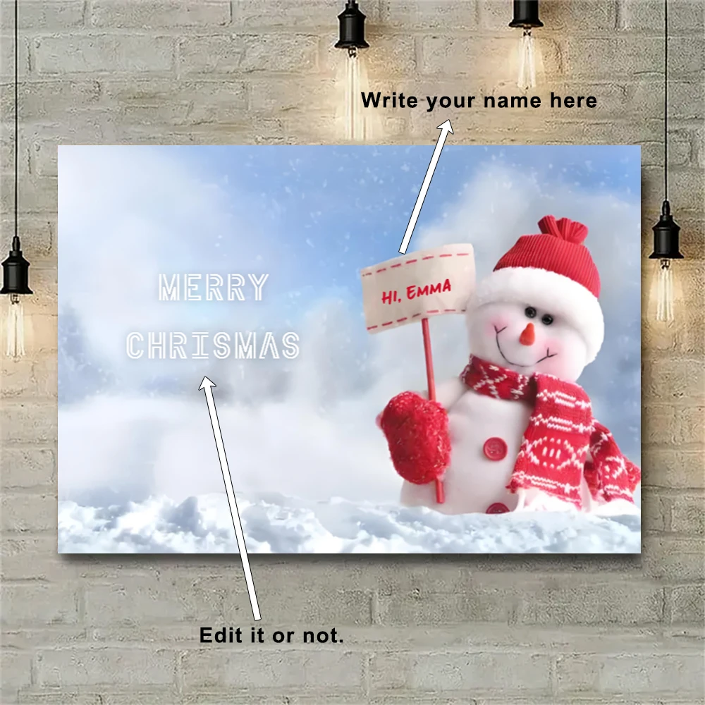 1pc Frameless Canvas Poster Custom Name Tag Cute Snowman Wall Art Editable Text Perfect Gift for Christmas New Year Home Decor