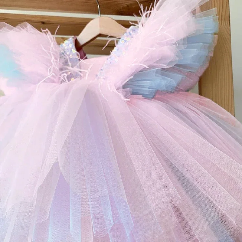 Baby Girls Sequins Elegant Princess Rainbow Dress Kids Wedding Party Ruffles Christening Gown Infant Birthday Banquet Costume