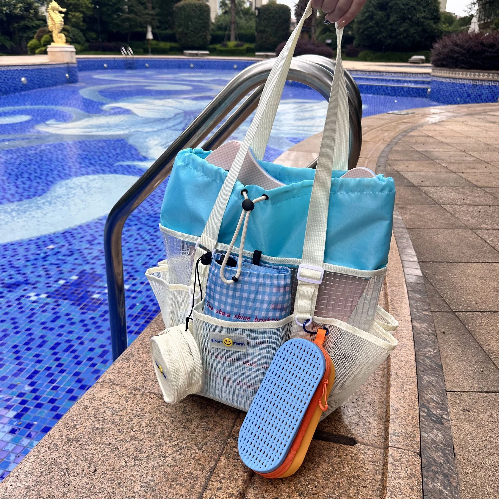 Mesh Beach Bag Fashion Aesthetic Swimming Tote Stylish Drawstring Waterproof Multi-Pocket with Mini Pouch for Pool Travel