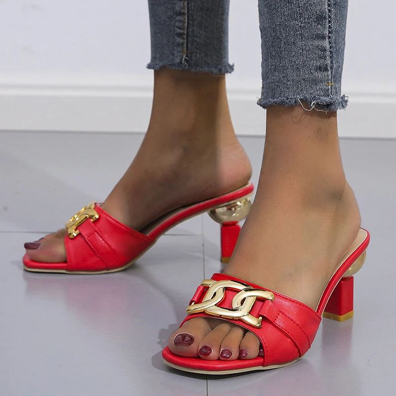 Summer Women\'s Slippers Sandals Shoes Female Golden Metal Chain Ladies Fashion Casual Slides Mules  Indoor Zapato Mujer