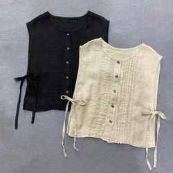 Johnature Vintage Linen Women Vests 2024 Summer New Sleeveless Casual All Match Solid Clor Button Tie Female Vests