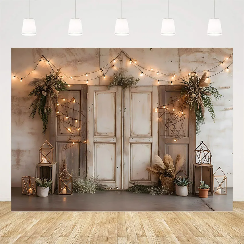 Barn ประตูการถ่ายภาพ Prop ฉากหลังพืชสีเขียวเด็กทารกวันเกิดภาพพื้นหลัง