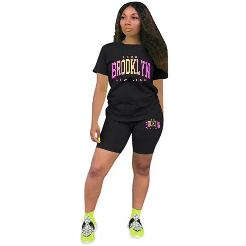 Mulheres terno curto cidade impressão verão 2 peça conjunto moda roupas de rua casual ginásio jogging esportes mulher curto camiseta outfits