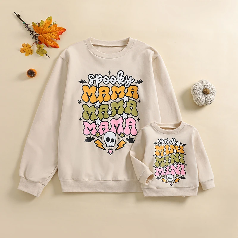 Mommy and Me Halloween Sweatshirt Family Matching Outfit Letter Crewneck Pullover Mom and Baby Fall Clothes