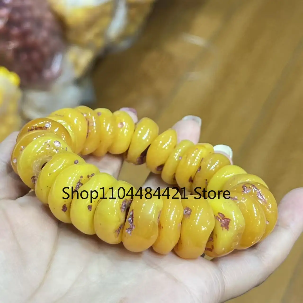 Amber Yellow Beeswax Old Honey Wax Amber Bracelet Round Barrel Bead Hand Row for Men Hand Bangle Suitable for 15-25cm
