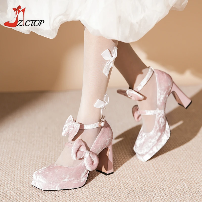 

Pink Mary Jane Shoes Women Sweet Bow Chunky High Heels Suede Platform Pumps Buckle Strap Woman Party Cosplay Lolita Shoes Black