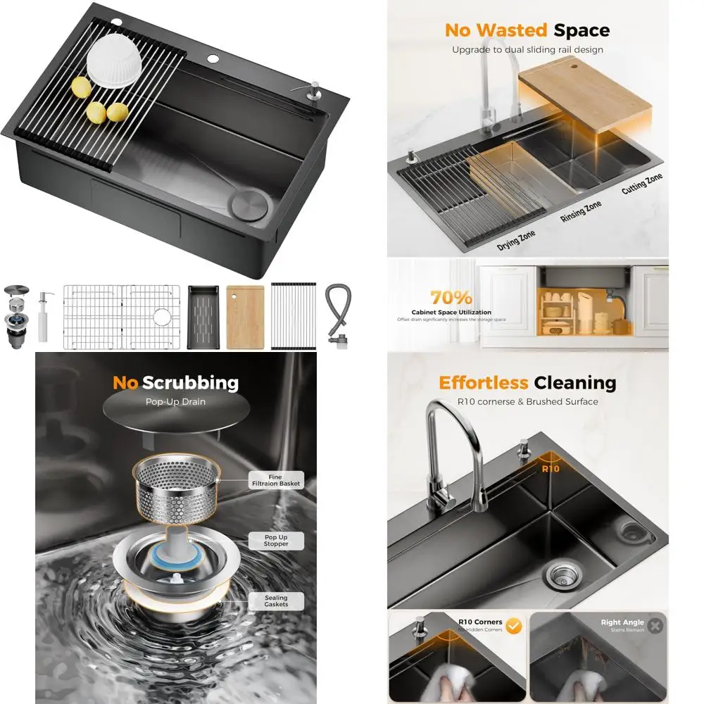 

Topmount Single Bowl Kitchen Sink, 33x22 Stainless Steel, Pop-Up Drain, Fast Drain System, Anti-Clog Design, Workstation Quality