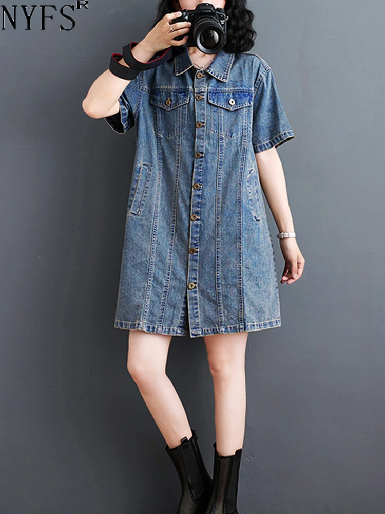 

NYFS 2024 Summer New Korea Woman Dress Vestidos Robe Elbise Loose Plus Size Short Sleeve Single-Breasted Denim Dress