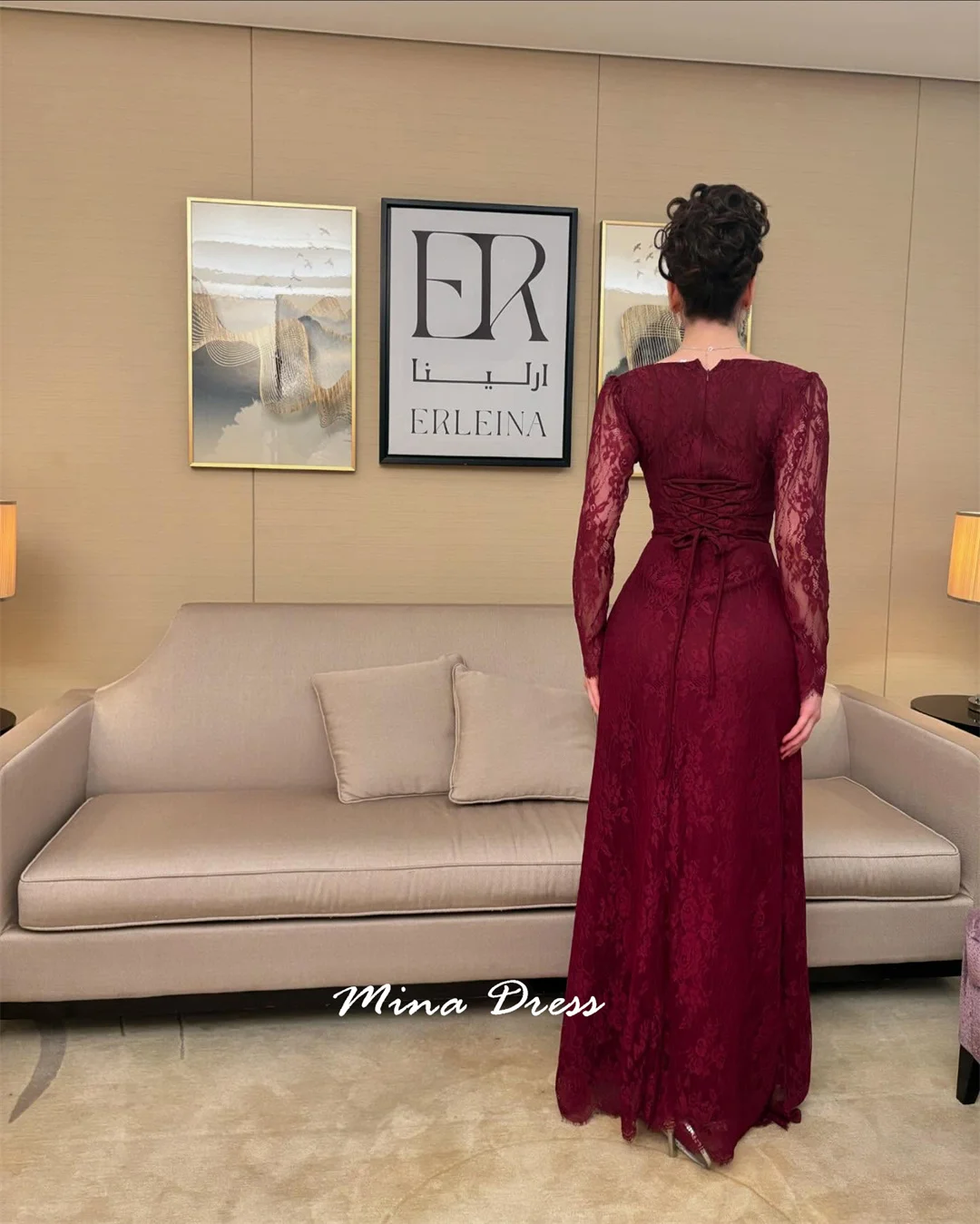 Mina Aangepaste wijnrode avondjurk Luxe elegante formele damesjurken voor speciale gelegenheden V-hals met lange mouwen Feest