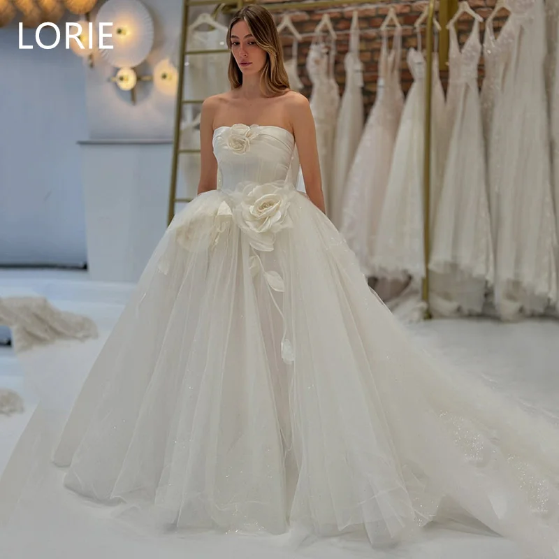 

LORIE 3D Flower Appliques Princess Wedding Dress A-line Sleeveless Muslim Wedding Gowns Tulle Backless Bride Gown Customized