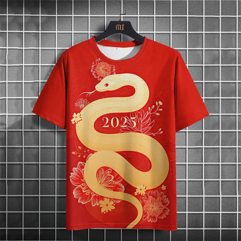 Year Of The Snake 2025 Chinese New Year Red T-Shirt 3D Printed Men Women New O-Neck Short Sleeves Tops Fashion Gifts For Men Tee