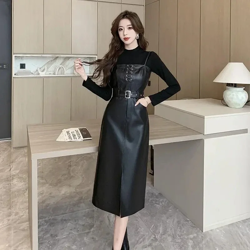 PU Leather Strap Dress NEW Spring Autumn Knitted Sweater + Suspended Leather Dress Suits Elegant Women Outfits E4304