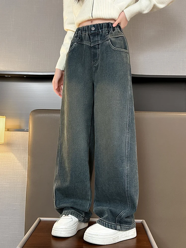 

Повседневные прямые джинсы для девочек, весенне-осенние модные широкие брюки, свободный крой, хлопковая эластичная джинсовая трендовая длинная талия...