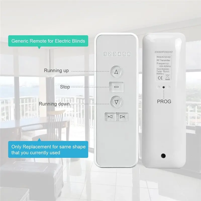B76B AC123-06 Blinds Remote Control 433Mhz 6 Channel RF Transmitter for Roller Shades Motorized Curtains Awnings