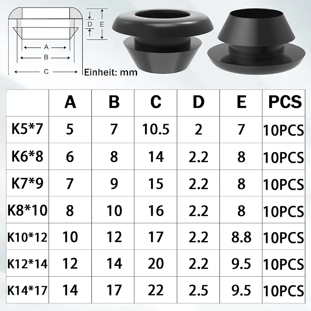 70pcs Rubber Grommet Kit 7 Sizes 5mm-14mm Wiring Firewall Car DIY Hole Plug Seal Rubber Assortment Set