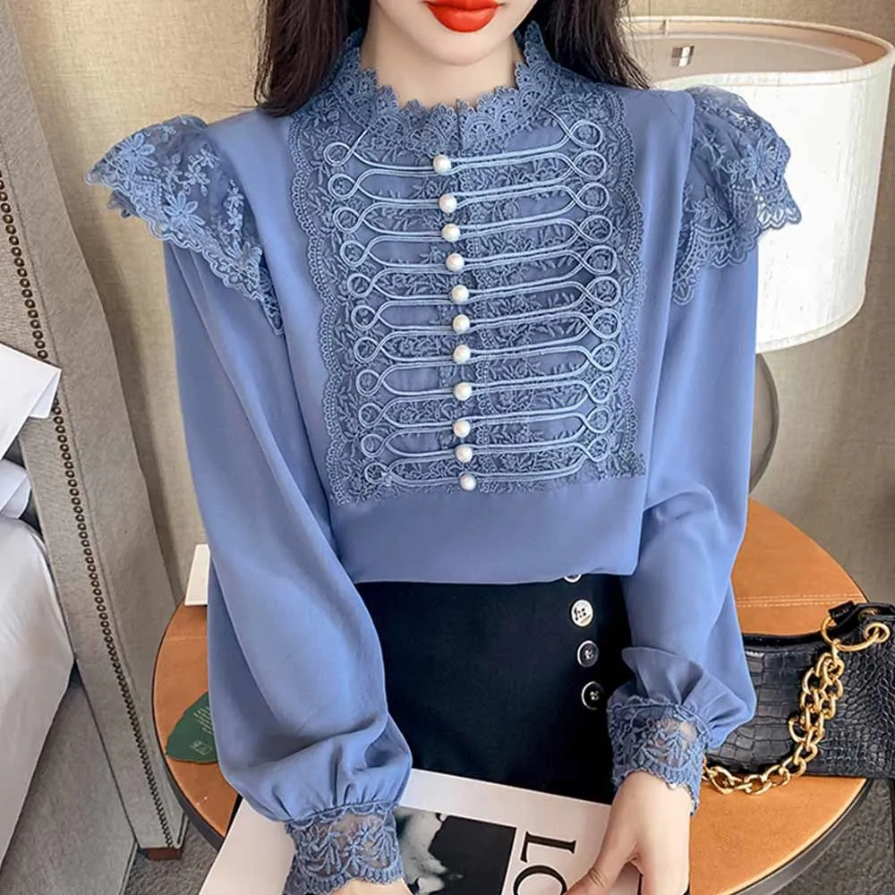 Vintage Palace Style Lace Stitching Blouse Women Autumn Beading Long Sleeve Loose Chiffon Shirt Stand Collar Ruffles Top